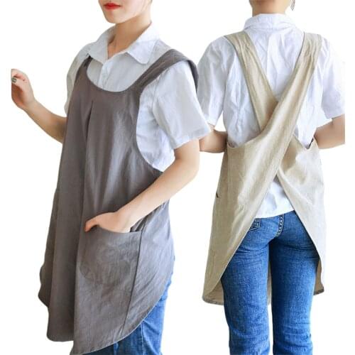 Cotton Linens Apron for Kitchen Retro Solid Color Strap Pinafore with Pocket Baking Accessories Household Master Coffee Bar