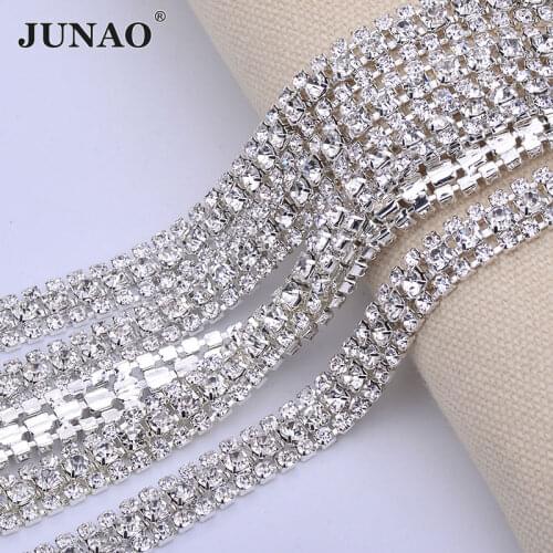 JUNAO 1 Yard 3 Row SS8+SS16+SS8 Silver Base Clear AB Glass Rhinestone Chain Sewing Crystal Beads Applique Trim Strass Cup Chain