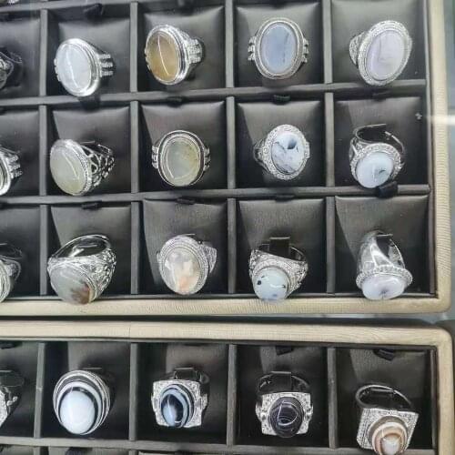 Cupronickel Tibetan Ssilver Inlaid Aquatic Green Natural Agate Rring Mens Yellow Rred Striped Eyes Marine Adjustable Size