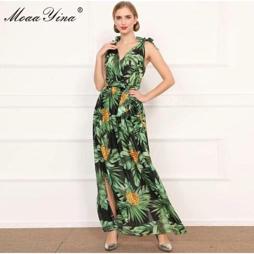 MoaaYina Fashion Designer dress Summer Womens Dress V-neck Pineapple Green leaf Floral-Print Vacation Bohemia Maxi Dresses