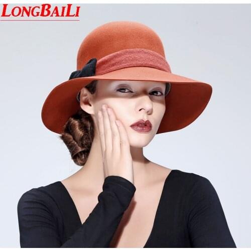 Fashion Woolen Large Brim Bow Floppy Sun Hats Women Chapeu Fedoras Female Lady Dress Hat Free Shipping PWSX006