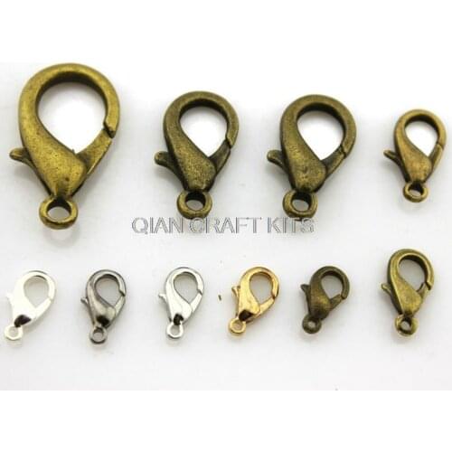 Set of 200pcs mixed sizes and colors lobster clasps rhodium ,gold,silver,brass plated on zinc alloy or brass base 10mm-18mm)