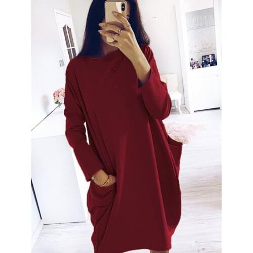 2021 New Fashion Womens Autumn Winter Long Sleeved Midi Dress Ladies Casual Loose Solid O Neck Pocket Dresses