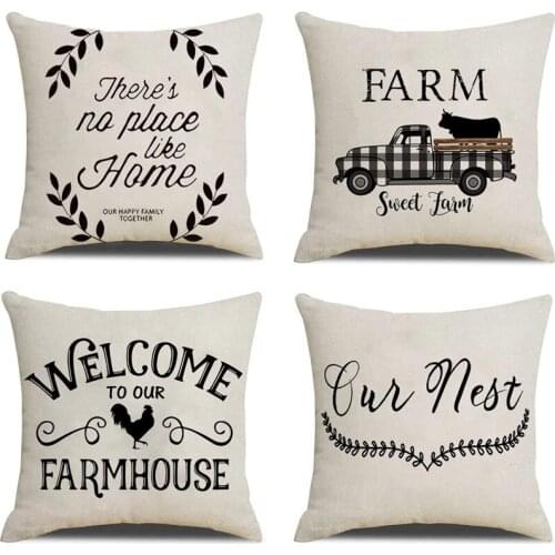 New Farmhouse Throw Pillow Covers Linen Rustic Farm Cushion Cover for Couch Sofa Bed 18X18 Set of 4 Farmhouse Decor