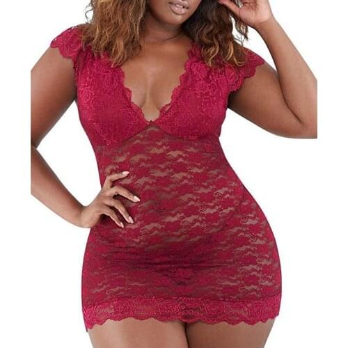 New Sexy Lingerie Sexy Large Size Lace See-through Womens Hip Skirt Sexy Suit Deep V-Necked Lace Embroidery Pajamas