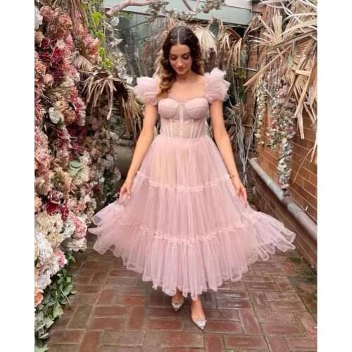 Eightale Pink Prom Dress 2021 Sweetheart Ruffled Tea Length Cap Sleeves Evening Gown Girl Party Dress for Graduation