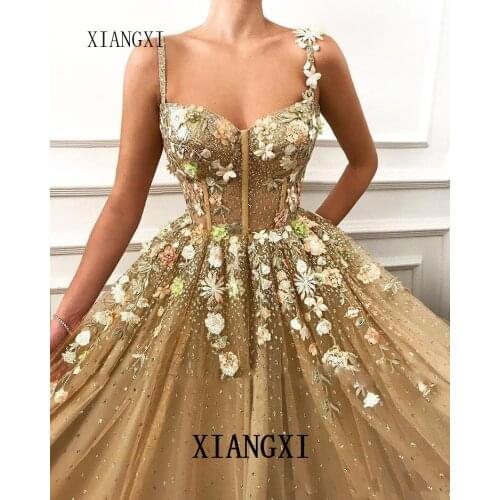 3D Floral Spaghetti bretelles Tulle une ligne longues robes de bal dentelle Applique 2020 nouvelle robe de soirée or formelle ro