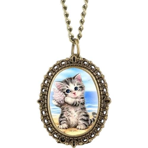 Dropshipping Conch Kitten Patch Pocket Watch for Girl Ocean Pattern Quartz Pocket Watches Elliptical Gift for Pocket Watch