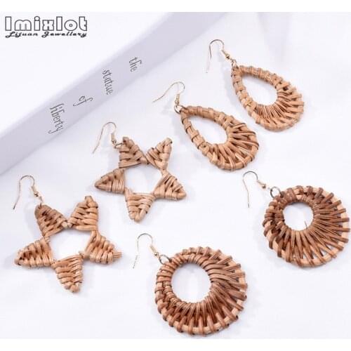 Bohemia Wicker Rattan Knit Earrings Ethnic Wood Bamboo Weaving Geometric Drip Circle Statement Drop Earrings for Women Jewelry