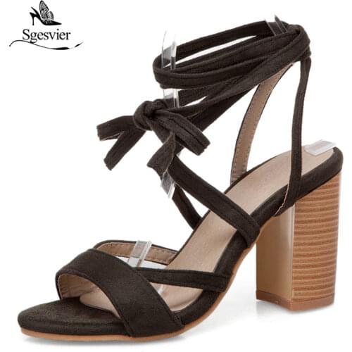 Sgesvier Summer Women Fashion Gladiator Sandals Shoes Ankle Strap Peep Toe Lace Up Hoof Heels Large Size 32-50 Black Green G175