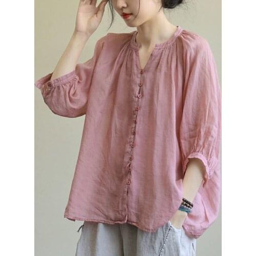 Lightweight Cotton Line Pink Women Shirts Summer Vintage 2021 O-Neck Batwing Sleeved Solid Female Outwear Coats Tops