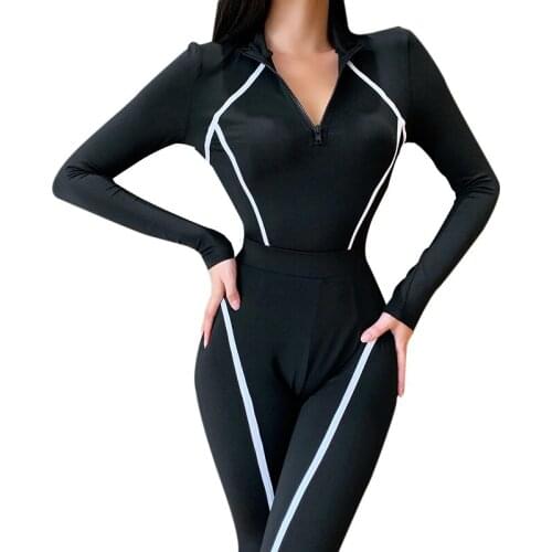 Women Fitness Sport Two Pieces Set Black Patchwork Long Sleeve Crop Tops Tshirt High Waist Leggings Fashion Bodycon Tracksuits