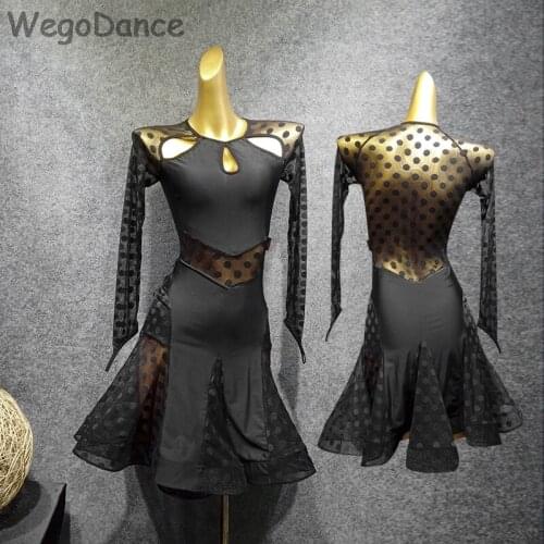Latin Dance Dress Lady Sexy Black Mesh Seethrough Performance Dresses Rumba Tango Salsa Cha Cha Dancing Women Dancewear