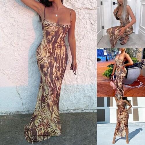Hot kf-Print Mesh Patchwork Dress Women Strap Midi Dress Slit Bodycon Sexy Streetwear Party Elegant Club