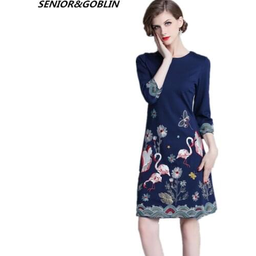 Newest 2019 High Quality Luxury Runway Designer Party Dress Women Spring And Autumn Bird Embroidery Floral Vintage Elegant Dress