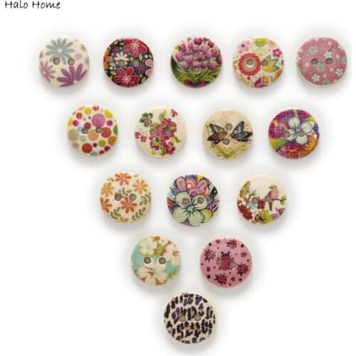 50pcs 2 Hole Print Flower Round Wood Buttons Clothing Decor Home Sewing Scrapbooking 15mm