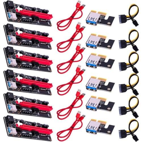 6pcs Newest VER009 USB 3.0 PCI-E Riser VER 009S Express 1X 4x 8x 16x Extender pcie Riser Adapter Card SATA 15pin to 6 pin Power
