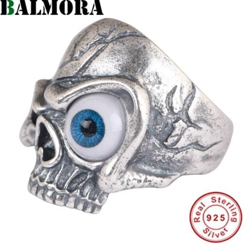 BALMORA 100% 925 Silver 3D Blue Eye Skull Ring For Women Men Girl Personality Punk Hip Hop Exaggeration Open Ring Jewelry Gift
