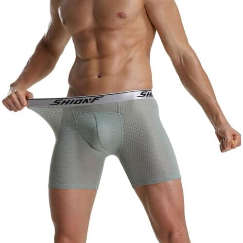 Seamless Men Boxer Shorts Mesh Breathable Sport Cool Ice Silk Long Leg Big Cock Pouch Underwear Running Tight Boxer Shorts