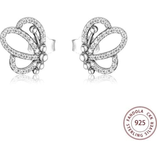 CKK Original 925 Sterling Silver CZ Butterfly Outlines Stud Earrings For Women Wedding Jewelry Pendientes Mujer