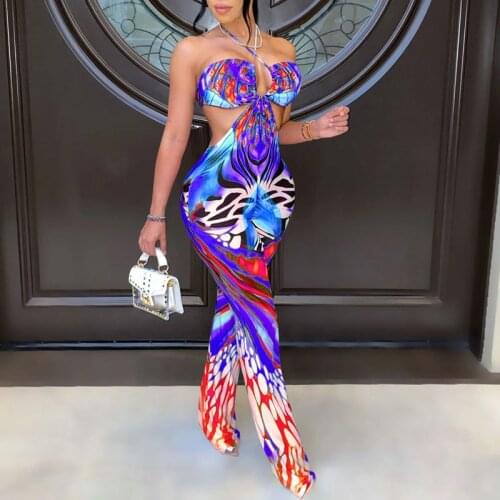 Women Halter Printed Sexy Hollow Out Bodycon Jumpsuits Summer Slim Beach Party Jumpsuit