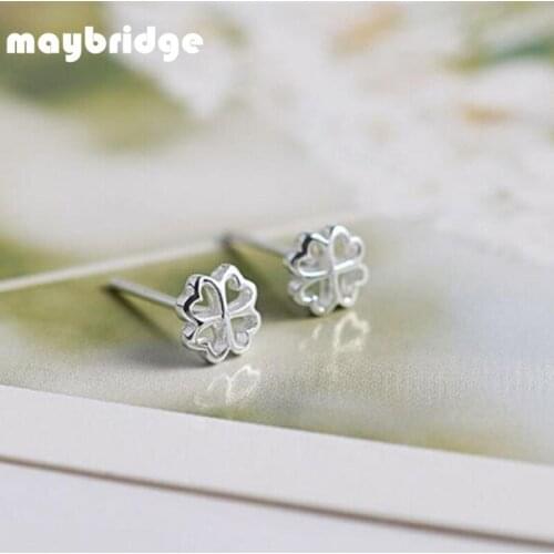EM059 Cute Fashion Mini Hollow Flower Lucky Clover Stud Earrings Women Girl 925 Sterling Silver Jewelry Wholesale