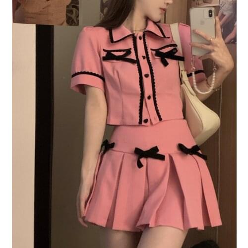 French Small Fragrance Suit 2021 New Summer Japanese Style Sweet 2 Piece Set Women Crop Top Short Shirt And Pleated Skirt Sets