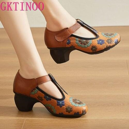 GKTINOO Retro Pumps Women Shoes Genuine Leather 2021 New Autumn High Heels Hook & Loop Round Toe Sewing Handmade Ladies Shoes