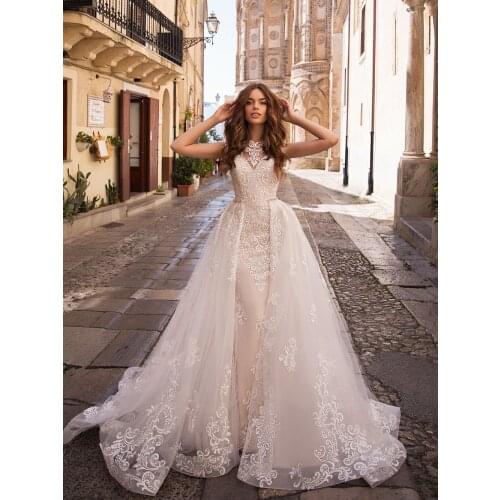 Hot Dubai Long Luxury Mermaid Wedding Dresses With Detachable Skirt Applique Tulle Wedding Gown Button Bridal Dresses