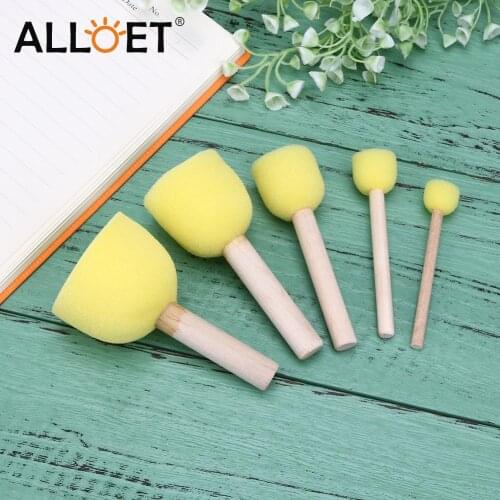 5pcs Sponge Painting Brush Wooden Handle Kids Early Learning Toys Children Drawing DIY Art Supplies Home Cleaning Accessories