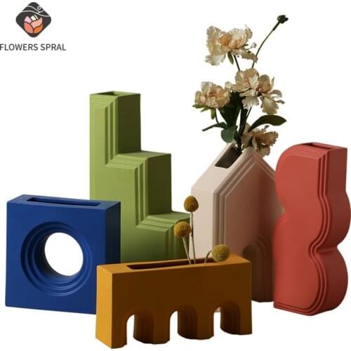 Nordic Ceramic Vase Home Living Room Decoration Flower Arrangement Dried Flower Geometric Art Ceramic Handicraft Vase Decoration