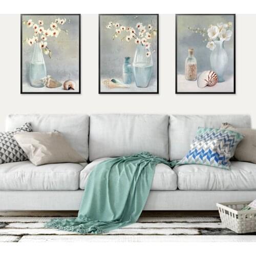 Nordic Classical Flower Vase Art Conch Canvas Painting Blue Wall Art Picture European Poster And Print Home Decoration No Frame