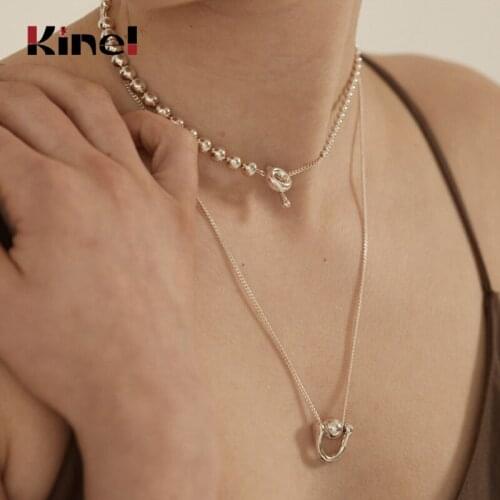 Kinel 925 Sterling Silver Geometric Pendant Necklace Female Fashion Minimalist Bead Chain Necklace For Women Silver Jewelry