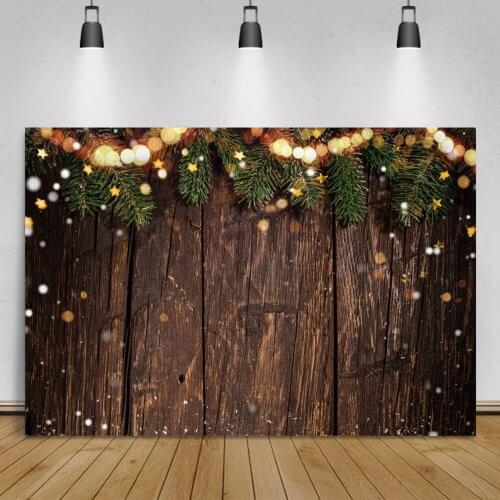 Laeacco Old Wooden Boards Backdrop For Photography Christmas Pine Leaves Star Light Bokeh Toys Child Photocall Background Banner