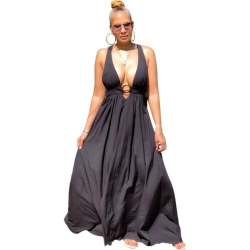 Summer Long Dress Women Plunge V Neck Sleeveless Sexy Robes Fashion Solid Elegant Beach Holiday Party Dresses Vestidos 2021 New