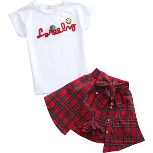 Girls summer fashion new T-shirt shorts two-piece Girls Short Sleeve T-Shirt Plaid Shorts Set irls cotton T-shirt hakama suit