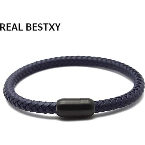 REAL BESTXY Vintage Simple Mens Charms Bracelets 316L Stainless Steel Brown Wide Bangle Leather Braided Trendy Bracelet men