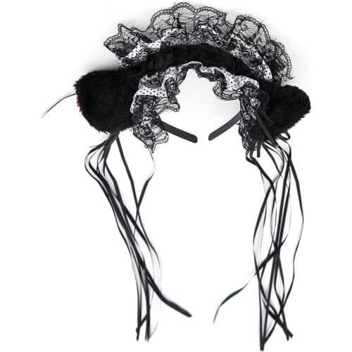 Gothic Lolita Maid Women Ruffles Lace Headband Plush Cat Ears Ribbon Bell Hair Hoop Cosplay Accessories