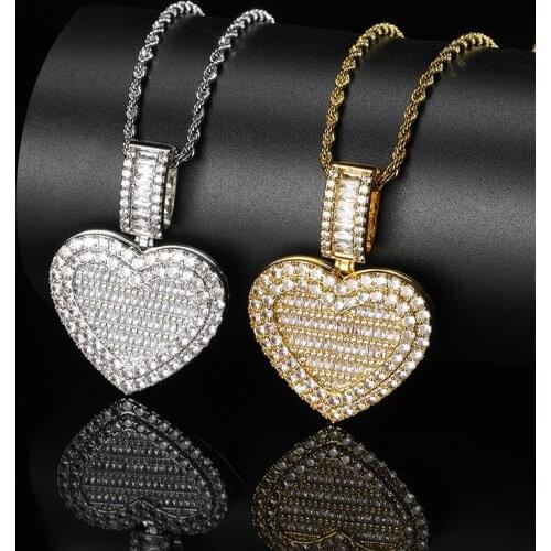 Hip Hop Micro Paved Cubic Zirconia Iced Out Bling Heart Shape Photo Frame Pendants Necklace For Men Women Lovers Rapper Jewelry