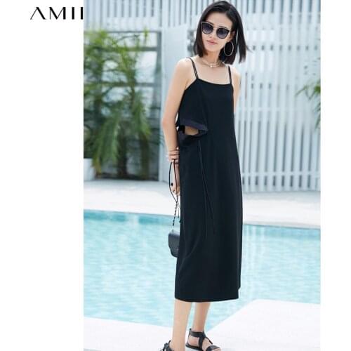 Amii Minimalism Womens Summer Dress Streetwear Solid Hollow Out Calf-length Womens Beach Dress Womens Camisole 11880018