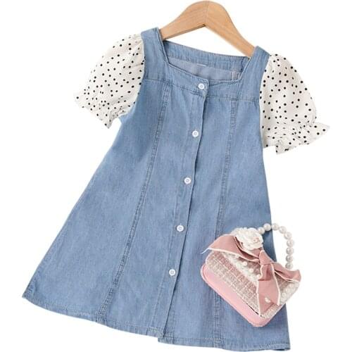 Dress For Girls Mesh Dot Dress Girls Patchwork Children Denim Dresses Summer Costumes For Girls