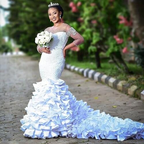 Luxury Pearls Mermaid Wedding Dresses Jewel Neck Three Quarter Sleeve Ruffles Tier Bottom Bridal Dress Plus Size Vestidod De