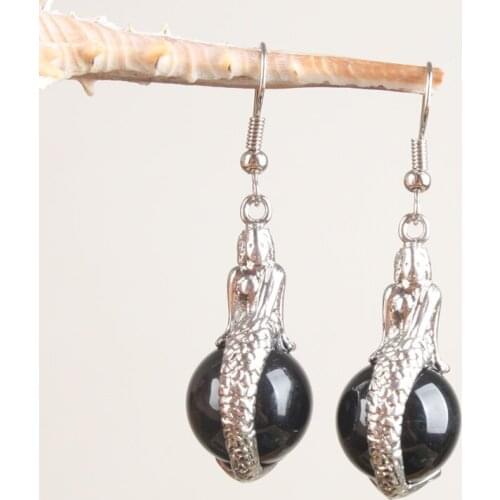 Love Little Mermaid Girl Hook Drop Earring Round Stone Bead agates White Goldensand Dangle Earring 1Pair