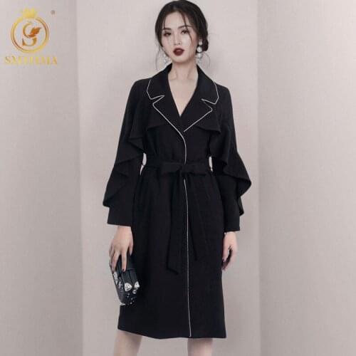 SMTHMA High-End New Autumn Winter Womens Black Lace Up Ruffle Windbreaker Female Long Sleeve Loose Fashion Casual Clothes