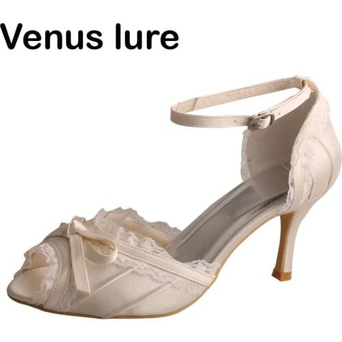 Satin Heels with Bow Ankle Strap Ivory Shoes Heels for Women Size 3