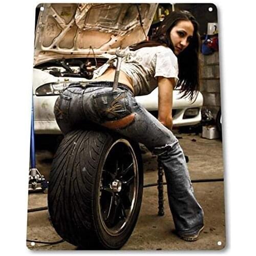 WOOOOL Tire Pressure Pinup Girl Sexy Hot Rod Car Novelty Retro Vintage Wall TinRetro Sign Wall TinQuote Art Poster for Home