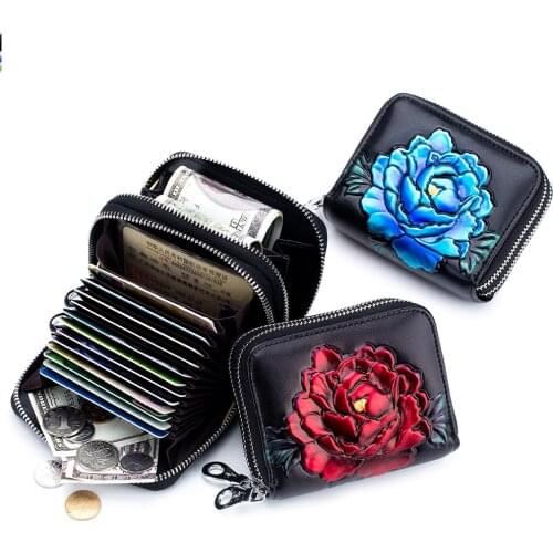 2019 New Double Zip Organ Card Pack Multi-bay Rfid Fashionable Roses Painted Multi-function Change Pouch Women Short Wallet