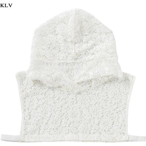 Women Girls Crochet Hollow Floral Lace Fake Collar with Hoodie Cap Fairy Pullover Half-Shirts Sweater Decorative Sunscreen Hat