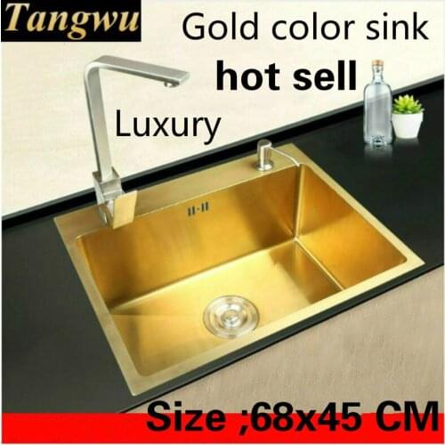 Free shipping Apartment kitchen manual sink single trough gold color luxury 304 stainless steel hot sell 680x450 MM