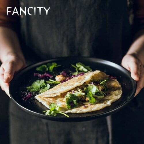 FANCITY Japanese Meal Plate Simple Black Ceramic Disc Household Meal Plate Dinner Plate Cutlery Set Restaurant Restaurant Flat P